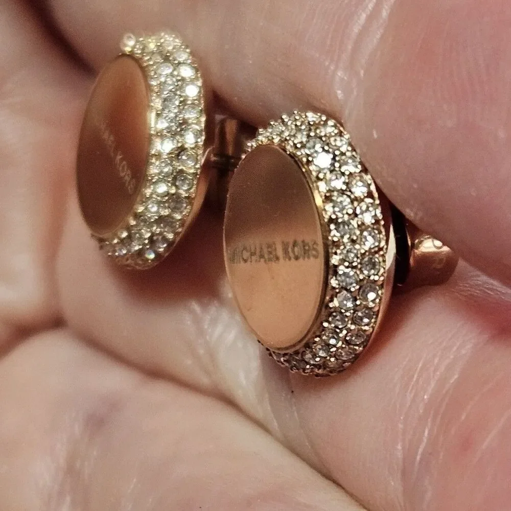 Michael Kors Rose Gold Round Earrings With Clear Crystal Stone Accents